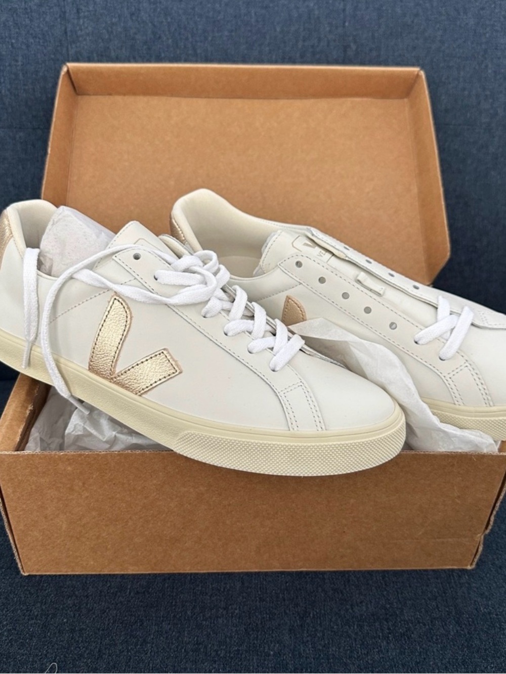 Veja Women’s Cream White Sneakers with Gold V Logo